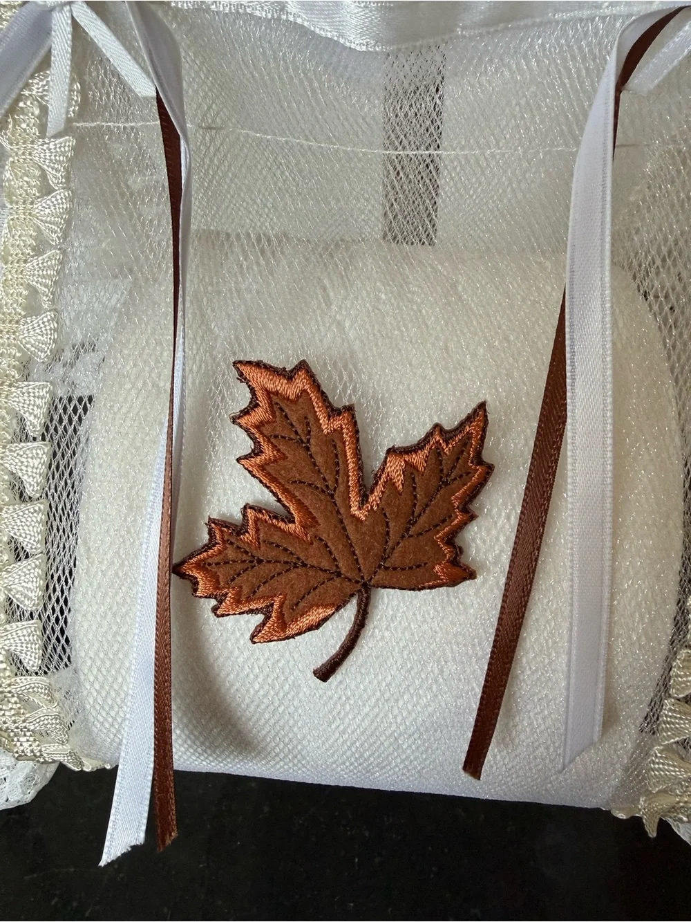 🤎 Hand Crafted Cream Lace Hand Towel & Sachet Set with Brown Leaf Accent 🤎